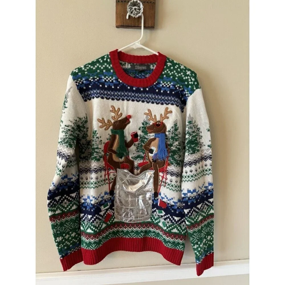 33 Degrees Mens Size S Ugly Christmas Sweater Deer Beer Bottle Can Holder